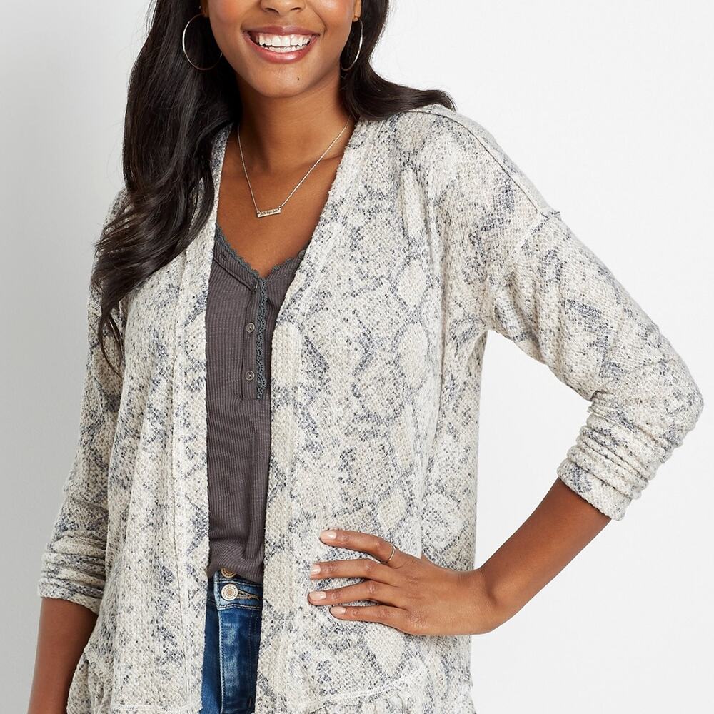 Maurices Gray Snakeskin Animal Print Ruffle Business Casual Long Sleeve Cardigan